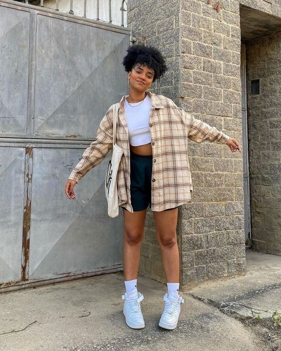 Casual Plaid Jacket with White Sneakers